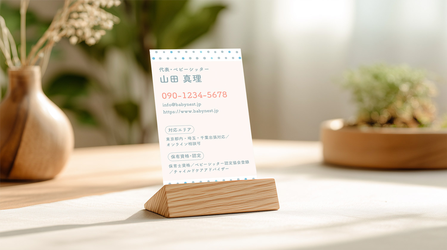 水玉×ベビーカラーがポイント|ベビーシッター名刺の上品デザイン