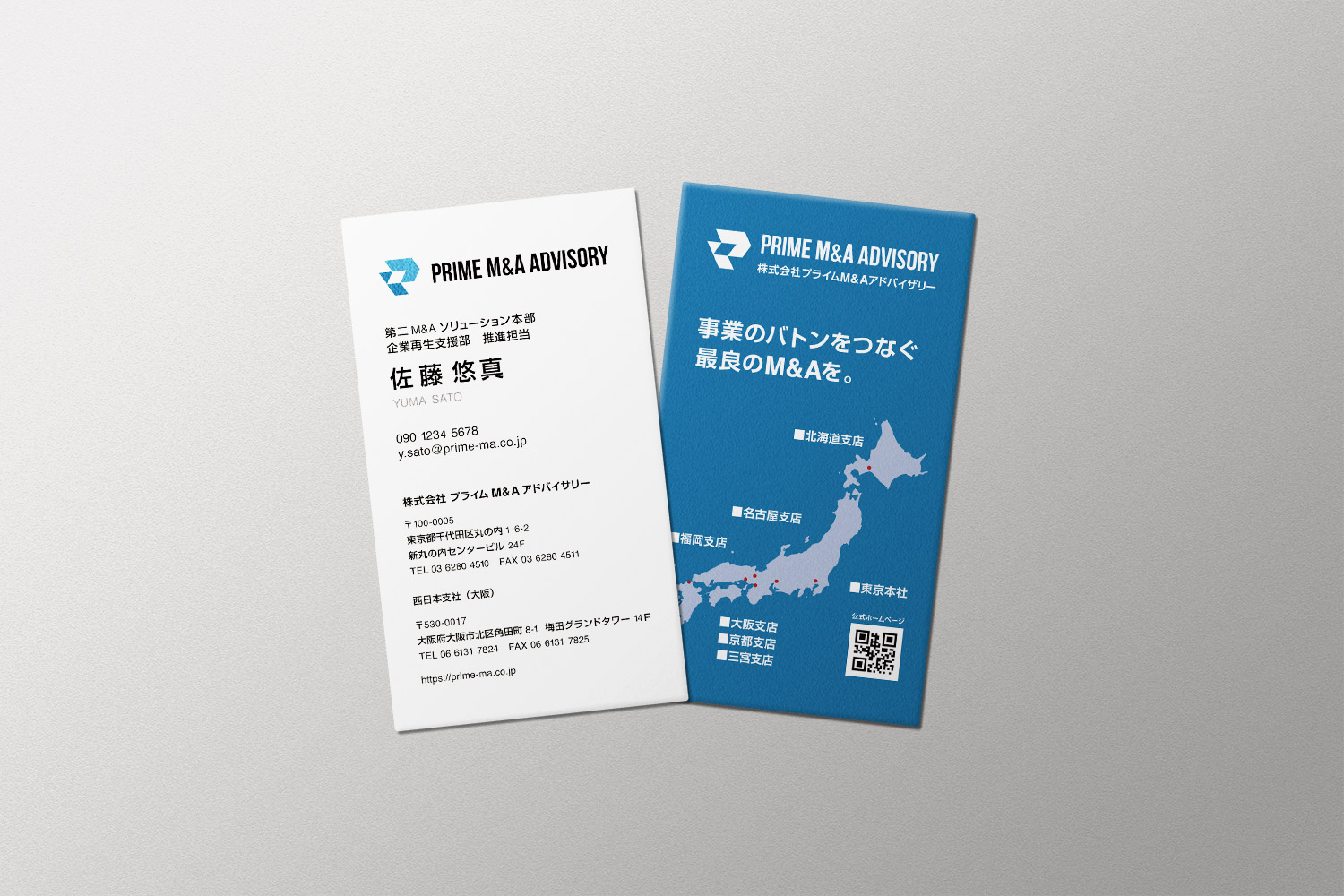 実際に机の上に置かれた名刺のモックアップ。表面と裏面のデザインがわかるM&A企業向け名刺の写真イメージ