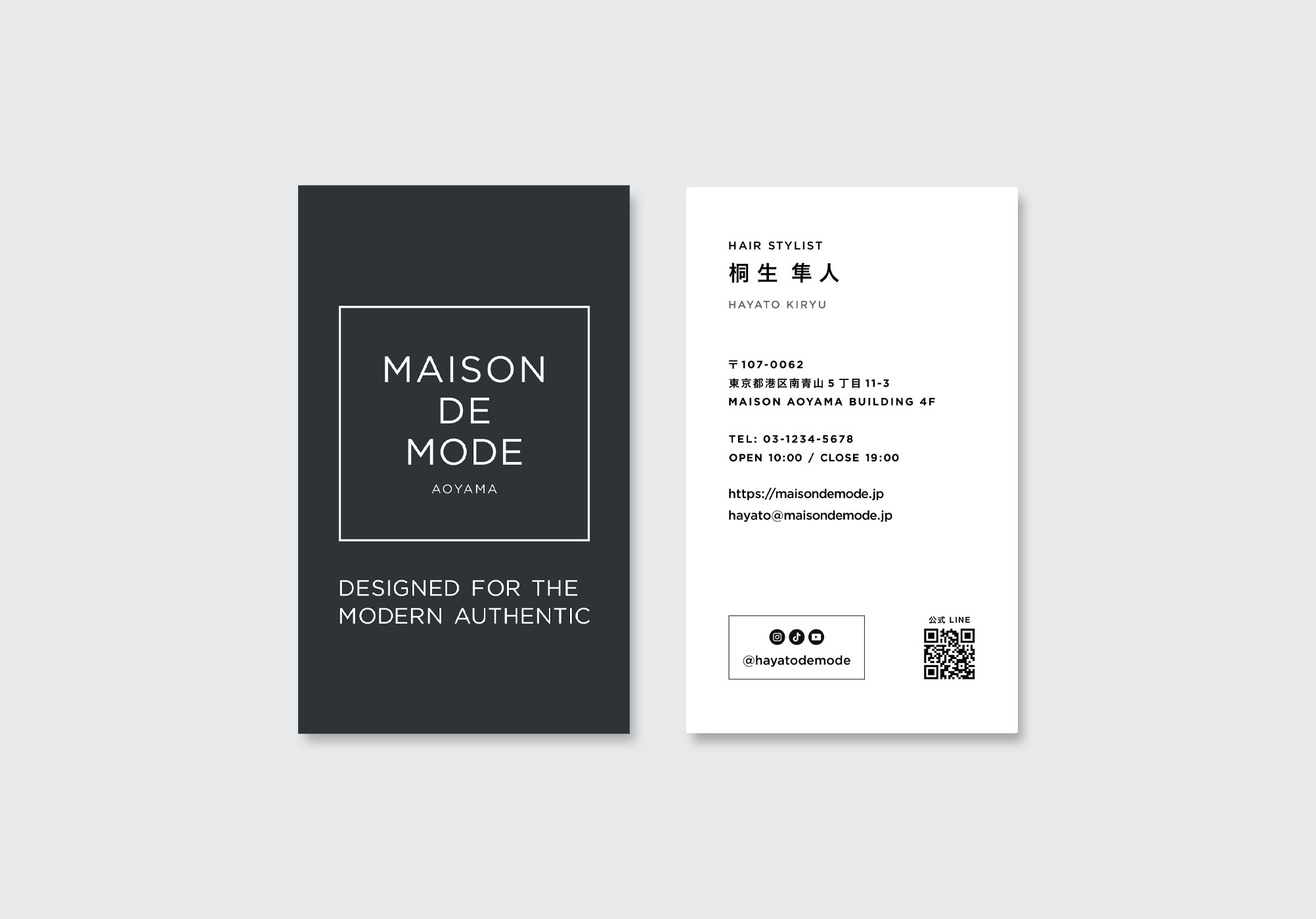 美容師・ヘアスタイリスト向け名刺デザインの表裏セット。青山サロンの世界観を表現したモード系レイアウトと高級感ある配色。