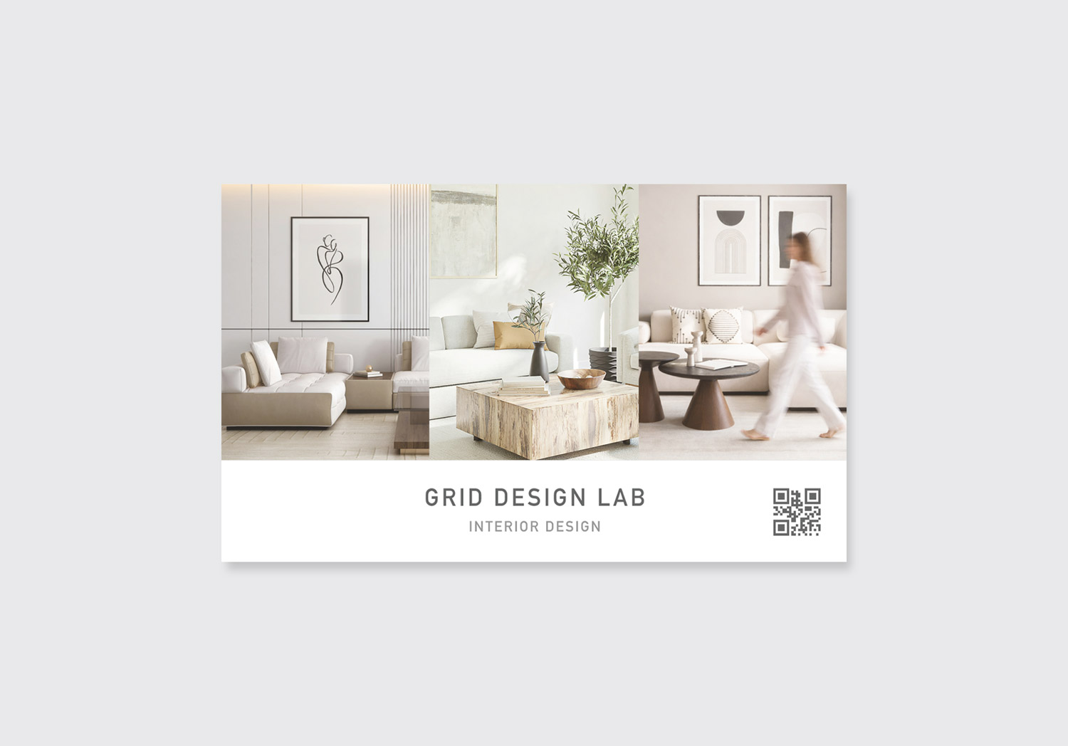 インテリアデザイン事務所の名刺デザイン裏面｜施工実例を掲載した高級感のあるレイアウトとQRコード入りのオーダーメイド名刺