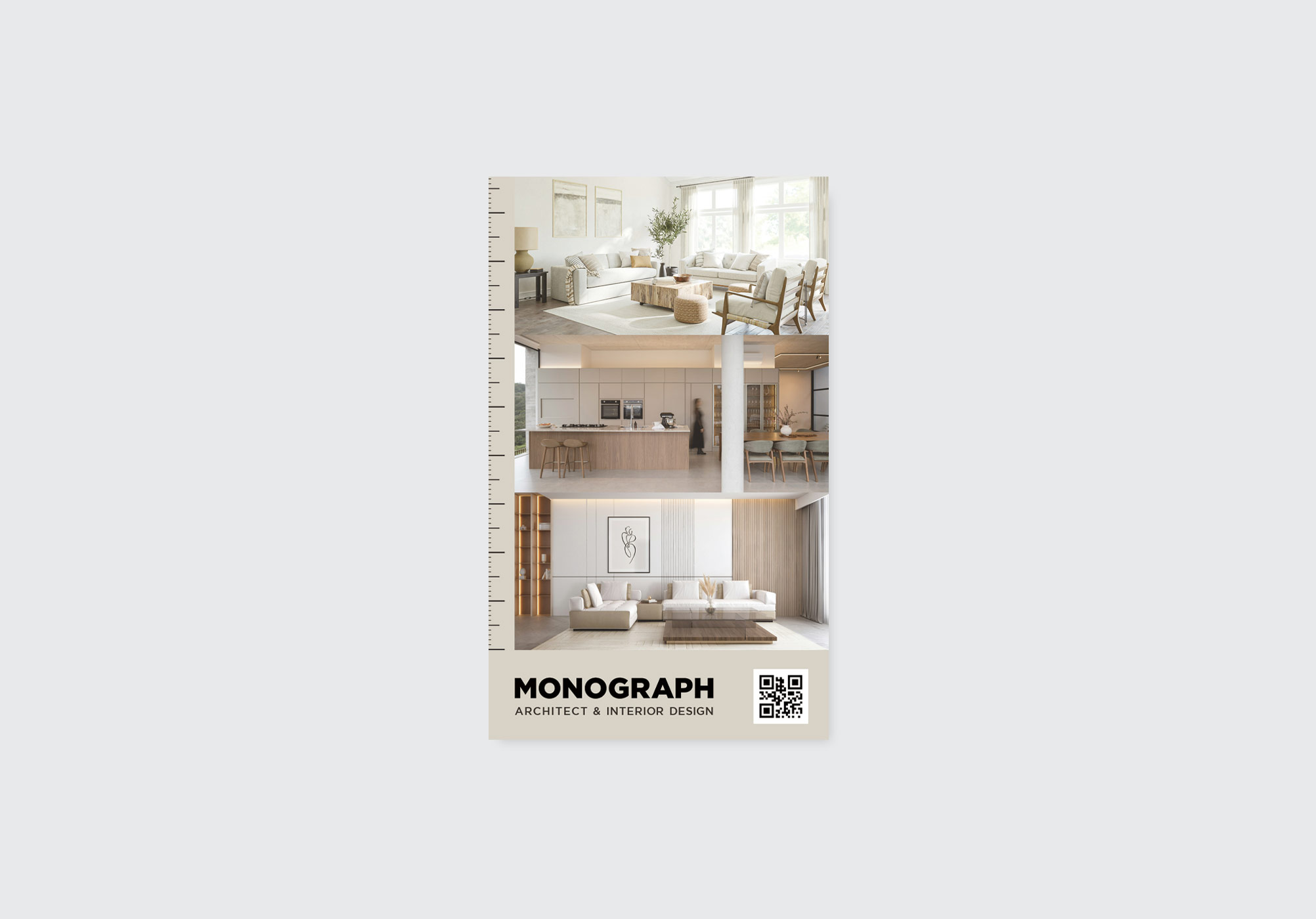 建築士向け名刺デザイン。上質インテリア写真を用いたレイアウトと、洗練されたタイポグラフィで構成された「MONOGRAPH」の名刺デザイン事例。