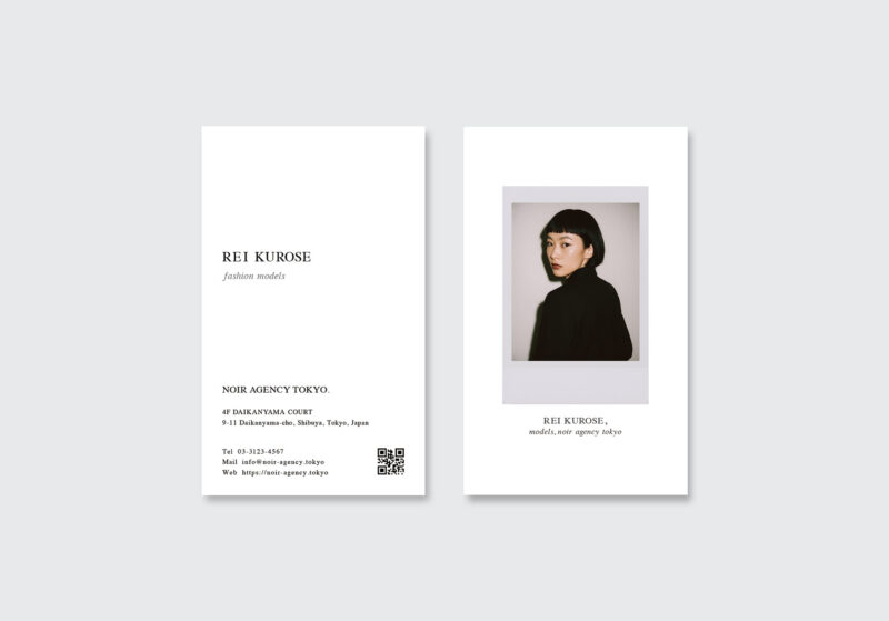 ファッションモデル名刺デザイン。余白を活かしたタイポグラフィとポラロイド写真を組み合わせたミニマルで上質な名刺